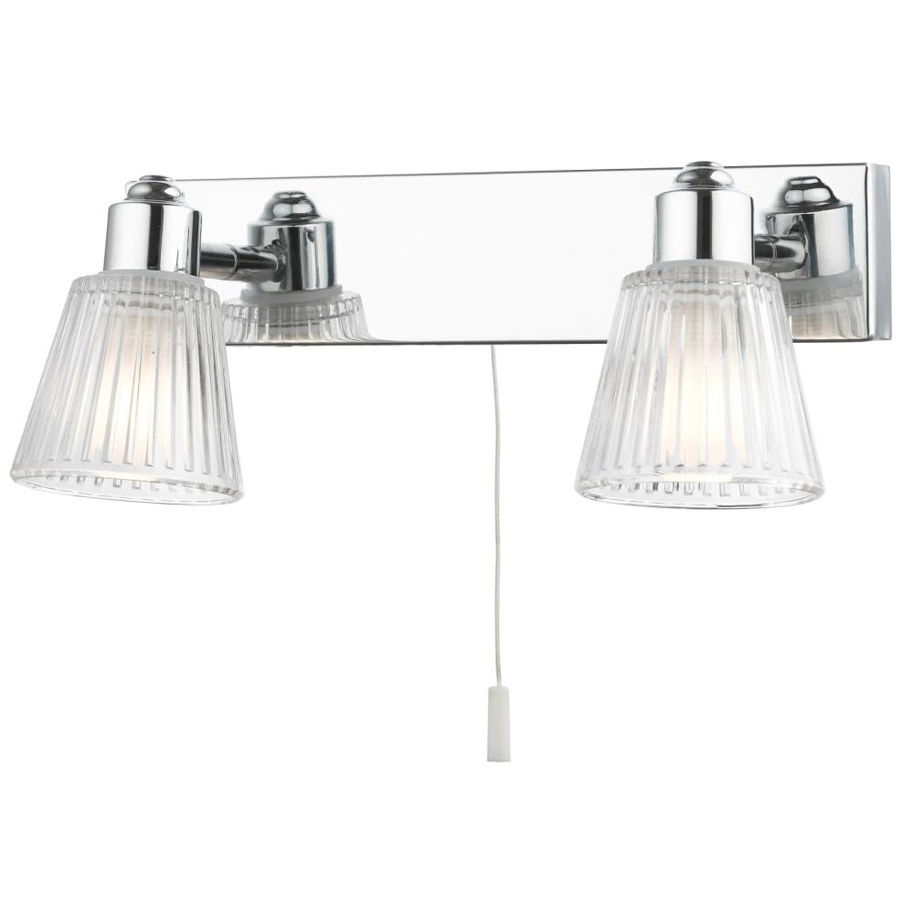 Britalia Polished Chrome & Clear Ribbed Glass Bathroom Vintage 2 Lamp Switched Bar Wall Light | 28Cm Wide | Ip44 Rating | 2 X G9 Lamp Bulbs Required | 240V Uk | Pull Cord Switch | Mirror Lighting