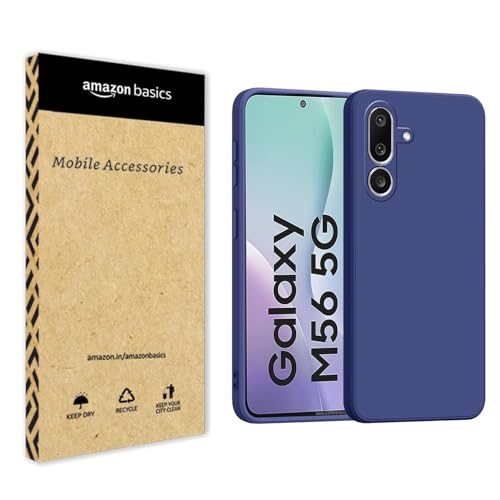 Image of amazon basics Back Cover for Samsung Galaxy M56 5G / Galaxy F56 5G | Ultra Slim Soft Rubberised Case | Matte Silicone Flexible Mobile Case | Camera Protection - Blue