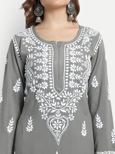 Image of BHARVITA Women's Cotton Blend Lucknowi Embroidered Chikankari Straight Kurta, with Pant Set