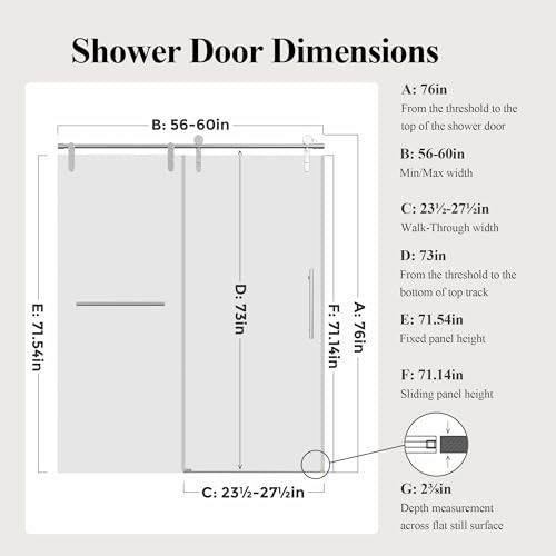 Image of 56-60 inch W x 76 inch H Frameless Single Sliding Shower Door, Bathroom Glass Shower Doors with 5 /16 inch (8mm) SGCC Tempered Glass, Stainless Steel Towel Rail Handle and Heavy Duty Frame, Chrome