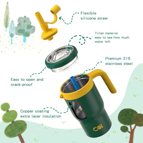 Image of OISIZ 14oz Kids Tumbler with Straw Lid & Handle,Kids Cup with Animal Accessory for School,Kids Water Bottles with Dust-proof Cover,Leakproof Water Bottles,316 Stainless Steel,Keep Cold 24 Hours-green
