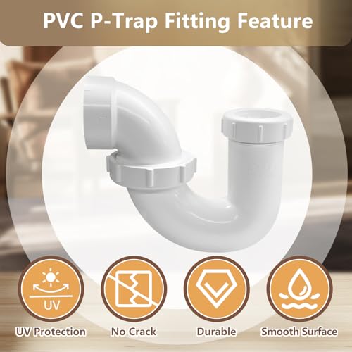 Image of LESSO P Trap PVC 1-1 /4 x 1-1 /2 Inch for RV Drain | Bathroom Kitchen Sink Drain Pipe Tubular Kit with Threaded Adapter Ring Plastic Nut (Slip x H)