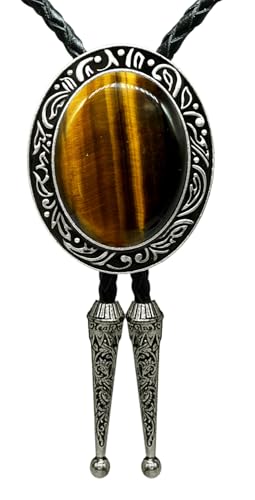 Image of Moranse Bolo Tie with Natural Tiger Eye Stone Celtic Style Genuine and Cowhide Rope