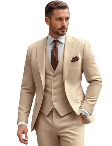 msatuy Beige 3 Pieces Suits for Man Wedding Suit Loose Fit Beige Suits Peak Lapel Solid Tuxedos for Wedding Groom Guest Outfits XXL Men Suit Fancy Men Tuxedos Trendy Fashion Clothes