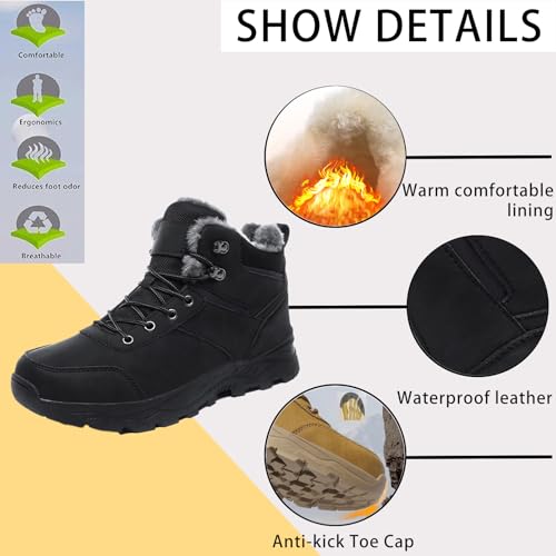 Men's Lightweight Warm Hiking Boots Platform Non-Slip Waterproof Fur Lined Lace-Up High Top Snow Boots Outdoor Trekking Walking Booties2