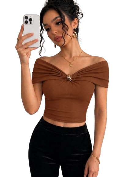 Image of TIVANTE Off-Shoulder Top for Women Stylish, Ruched V Neck Tops for Woman with Gold-Tone Metal Buckle Detail || Fitted Tops for Woman