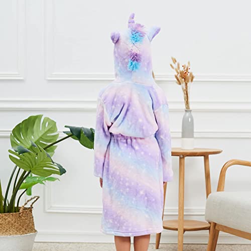 Girls Cozy Unicorn Hooded Bathrobe Sleepwear With Unicorn Slippers, Blindfold And Headband (Light Purple, 4-5T) #TOP4