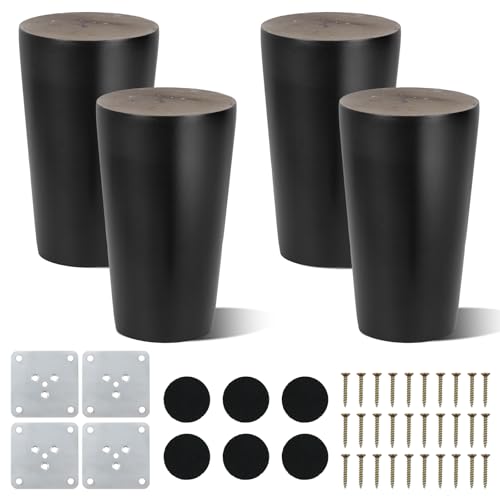 AWBEOT 4 Pcs Piedini per Mobili in Legno 8 cm Conico Gambe per Mobili in Legno Massello Piedini di Ricambio per Divano Letto Armadio Tavolo Sedia Rotondi con Piastra di Montaggio,Pad Antiscivolo,Viti