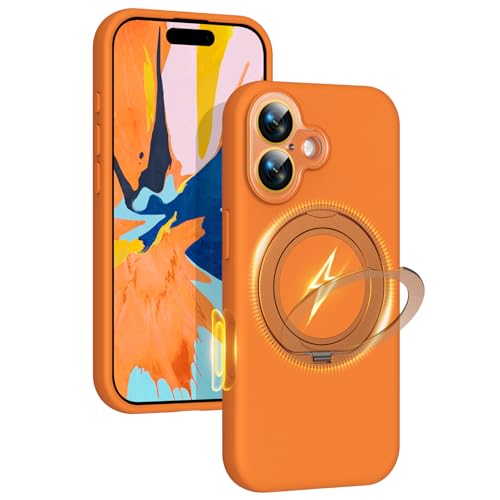 Image of Silicone 360 Spin Magnetic Stand Case for iPhone 17, [Compatible with Mag-Safe][Reinforced Hard Camera Protection]Shockproof Liquid Silicone Rubber Phone Case Cover with Ring, Camera Button, Orange