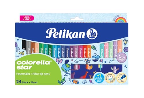 Pelikan Colorella Star Fasermaler 24 Farben (18 kräftige + 6 Pastellfarben) feine Spitze 0 6 mm auswaschbare Filzstifte auf Wasserbasis inkl. Ausmalschablone