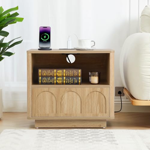 affeivul Small Nightstand with Charging Station, Accent Bedside Nightstand with Drawer, Mid Century Modern Bedroom Side Bed Table with Storage for Dorm, Living Room, Couch Sofa Chair, Office - Natural