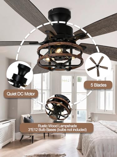 Image of 52 inch Farmhouse Rustic Ceiling Fan with Lights Remote Flush Mount | Rustic Caged Fandelier Low Profile Chandelier, for Bedroom Living Room, 5 Dual Blades Quiet Reversible DC Motor 6 Speeds