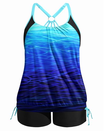 Image of Holipick Plus Size Tankini Swimsuits for Women Two Piece Tummy Control Bathing Suit Blouson Tankini Top with Shorts