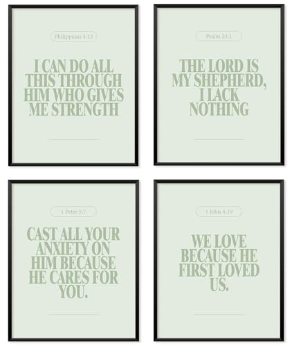 Locomiss Sage Green Christian Wall Art Decor Posters, Green Modern Bible Verse Prints, Minimalist Jesus Scripture Prayer Room Art Wall Decor, Inspirational Bible Posters for Bedroom Office Living Room,Set of 4 (8x10 Unframed)