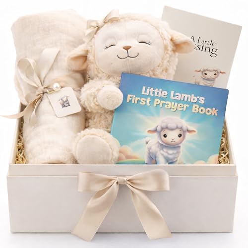 Highmark Collective Baptism Gift for Boy or Girl Baptism Set with 10 Praying Lamb Plush Toy Bamboo Muslin Blanket & First Prayer Book Ready to Gift Keepsake Box