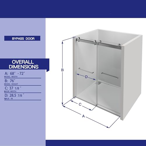 68-72\" W x 76\" H Double Sliding Frameless Soft-Close Shower Door, Waterproof Bathroom Glass Shower Door with Premium3/8 Inch (10mm) Thick Tampered Glass in Matte Brushed Nickel Stainless Steel