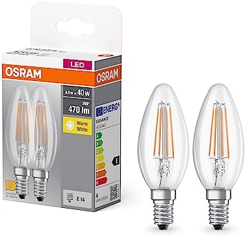 Osram Base Classic B FIL 40 LED Lamp with E14 Socket, Mini Candle Shape, Double Pack, 4 W, 470 lm, 2700 K, Warm White Light, Low Heat Generation, Long Life, Low Energy Consumption
