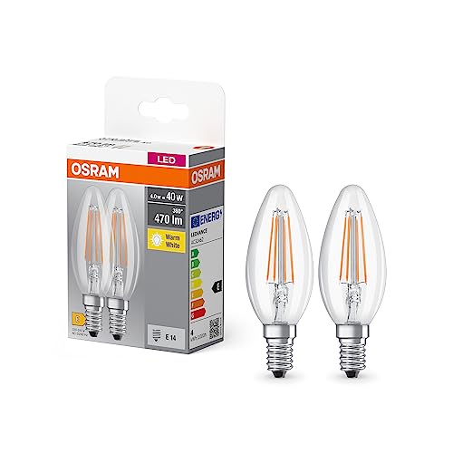 Osram BASE CLASSIC B FIL 40 LED-Lampe mit Sockel E14, Minikerzenform, Doppelpack, 4W, 470lm, 2700K, warmweißes Licht, geringe Wärmeentwicklung, lange Lebensdauer, geringer Energieverbrauch
