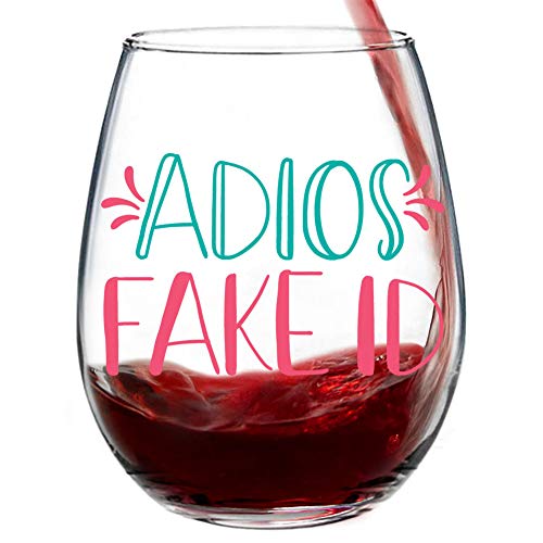 Adios Fake Id - Funny Cute Wine Glass, Stemless 15Oz, Gift Box, 21St Birthday Gifts For Women, Finally Legal, R.i.p Fake Id, Happy 21St Birthday Gift For Women, Funny Gift Ideas For Sister, Friend #TOP3