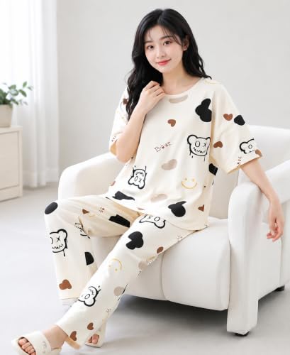 Image of Women Printed T-Shirt and Track Pant Set | Cotton Co-Ord Night Suit for Women | Lounge Wear, Sleepwear, Gym Wear | Half Sleeve Top & Elastic Waist Joggers | Stylish