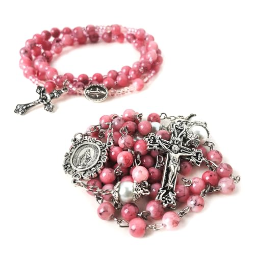 Catholic Heirlooms Virgin Mary Marbled Pink and Faux Pearl Acrylic Rosary and 5 Decade Rosary Bracelet Set4
