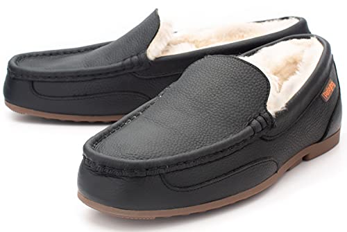 Parfeying Men's Indoor Outdoor Sheepskin Moccasins Slippers Memory Foam Driving Style Shoes,M21185 Black 9Us #TOP6