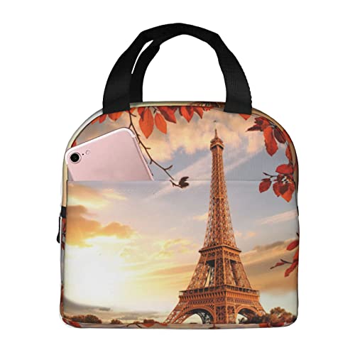 XVBCDFG Bolsa de almuerzo con diseño de torre de París y hojas rojas para oficina al aire libre, papel de aluminio portátil, aislamiento grueso y bolsa Bento