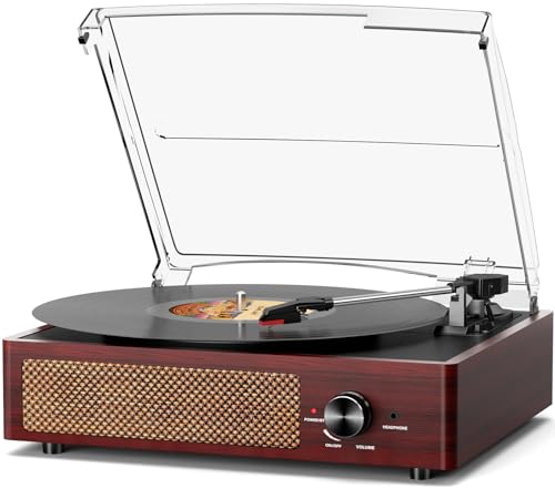 Vinyl Record Player with 2 Stereo Speakers Belt-Driven Vintage Turntables 3 Speed 3 Size Wireless Bluetooth Playback AUX-in RCA Out Headphone LP Vinyl Players Auto Stop Red Wood