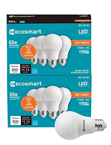 LED TECHNOLOGY EcoSmart 60W Equivalent Soft White A19 Energy Star and Dimmable LED Light Bulb (8-Pack)