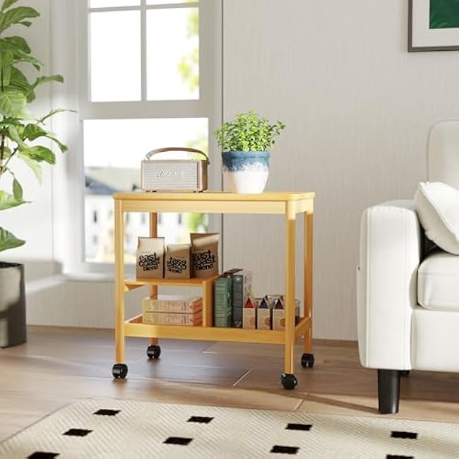 Kinsuite 3-Tier Bamboo Storage Cart - 23 H Kitchen Storage Shelf, Multifunctional Rolling Cart with Lockable Wheels, Small Mobile Organizer for Kitchen Living Room Balcony, Nature-EBbTmH1W