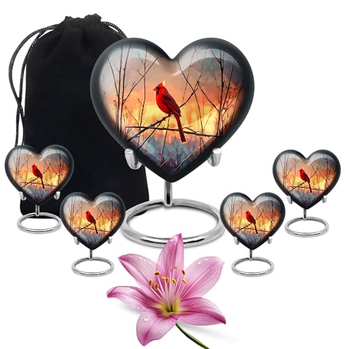 Image of Cardinal Bird Urn Small Urn for Ashes for Women & Men 1 Large & 4 Small | Keepsake Funeral Urns for Mom & Dad, Large Funeral Urns, Burial Urn