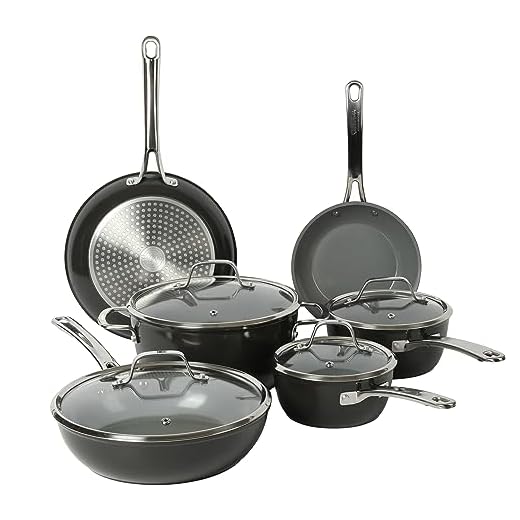 Sur La Table Kitchen Essentials 10 Piece PFA Free Titanium Ceramic Nonstick Interior Forged Aluminum Cookware Pots and Pans Set - Black - Induction Compatible