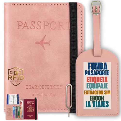 Calma visual Capa de passaporte com etiqueta de mala e extrator de sim, ROSA, Moderno