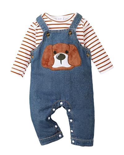 Image of NZRVAWS Newborn Baby Boy Clothes Outfits Infant Stripe Animal Romper Cute Denim Jeans Jumpsuit Overalls 0-18 Months