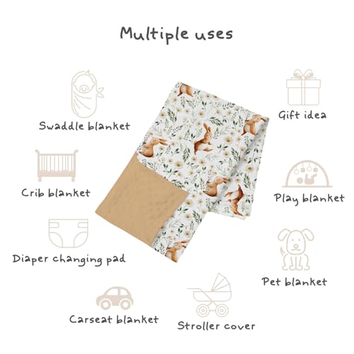 Image of Brown Baby Blankets for Girls 30 x 40, Soft Double Layer Minky Blanket with Dotted Fleece Back, Nursery Bed Receiving Quilt Newborn Infant Toddler Shower Gift Bunny Spring Daisy Flower Theme