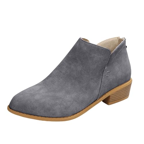 Ankle Boots for Women Casual Dress Low Heeled Booties V Cut Fashion Thick Heel Design Shoes Fashion Pointed Toe Chunky Heel Zipper Slip On Short Boots Grey