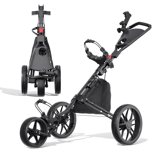 Blodhm Golf Push Cart - Lightweight Aluminum 3-Wheel Foldable Golf Bag Cart with Large Wheels for All Terrain, Adjustable Handle, Foot Brake, Cooler Bag, Cup/Umbrella Holder