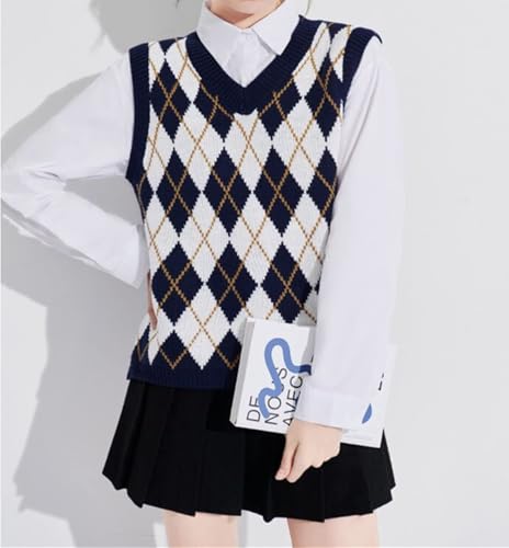 Image of Sweater Vest Women,Sleeveless V Neck Argyle Plaid Long Preppy Loose Knitted Casual School Sweaters Tank Top