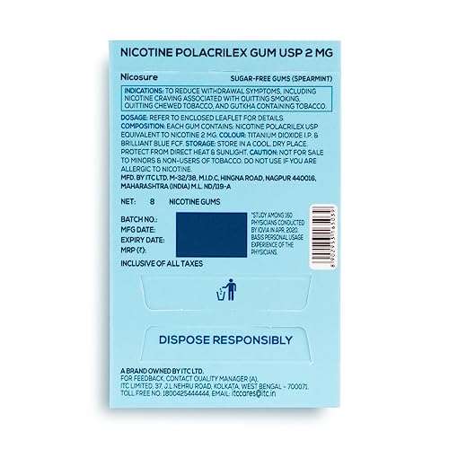 Image of Nicosure Nicotine Gum -2mg Pack of 15-120Gums Tobacco Control Aid Spearmint Flavour Doctors' Preference Aids in Quitting Tobacco Low throat irritation Long-lasting flavour Tobacco Cessation Sugar-free
