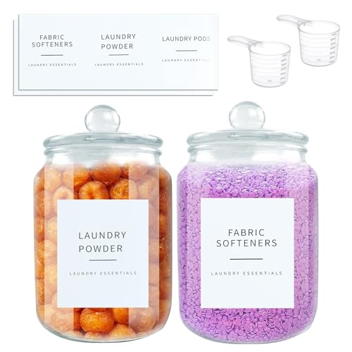 BlyeMichdi 2pcs Glass Jars for Laundry Room Organization, 2000ml Washing Powder Storage Container,Laundry Detergent Dispenser Containers with 6 Labels and Airtight Lid for Washing Pods,Bath Bombs