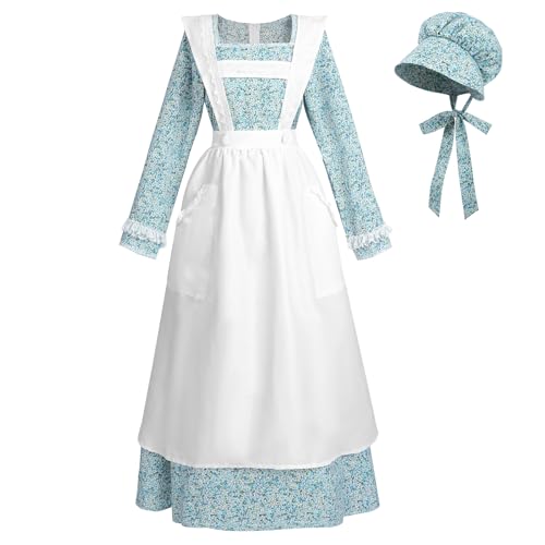 NSPSTT Prärie-Kleid für Damen, Kolonialkleid, Pionierin, Damenkostüm, Übergröße, Amish-Kostüm, Blau, XXL