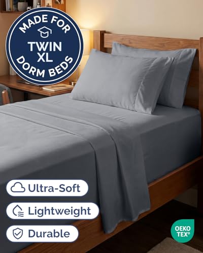 Image of Extra Deep Twin XL Sheet Set - 4 Piece Breathable & Cooling - Steel Blue | Hotel Luxury Bed Sheets Set, Easy & Secure Fit, Ultra-Soft, Wrinkle & Fade Free, Comfy Sheets Set with Extra Deep Pockets