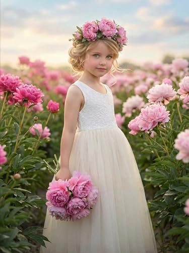 Image of 2Bunnies Girl Peony Lace Back A-Line Straight Tutu Tulle Party Flower Girl Dress