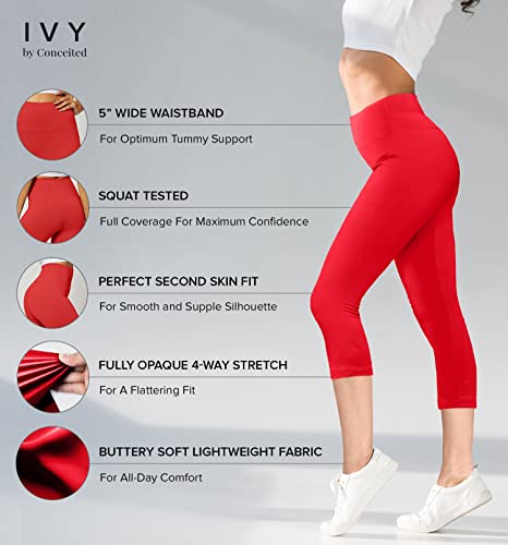 Red Premium Buttery Soft High Waisted Capri Leggings For Women - 5" Wide Band - Workout Leggings For Women Tummy Control - Small - Medium - Sl5-Capri-Red-Sm #TOP1