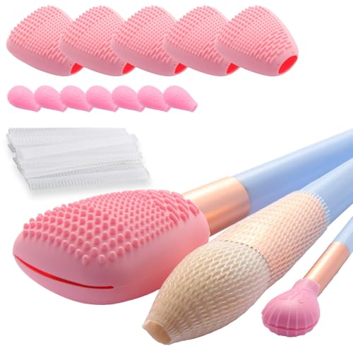 vidsel Silicone Travel Makeup Brush Covers with Cleaner Mat, Pink Set B