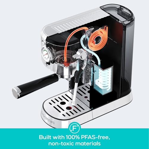 Image of CASABREWS PFAS-Free Espresso Machine with Milk Frother Steam Wand | Non-Toxic, Stainless Steel, 20-Bar, Built-in Pressure Gauge, Powerful Steam Wand for Cappuccino, Small, 34oz Water Tank