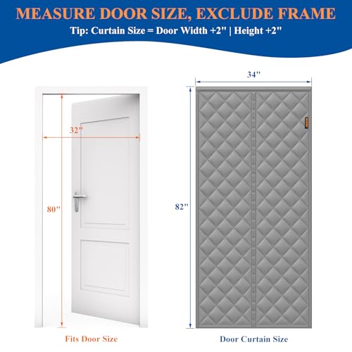 MAGZO Magnetic Thermal Insulated Door Curtain, Fits 32'' x 80'' Door(Curtain Size 34'' x 82''), 5 Layers Oxford&Cotton Cover Blanket Insulation for Winter/Doorway/Attic Doors, Keep Cold Air Out, Grey