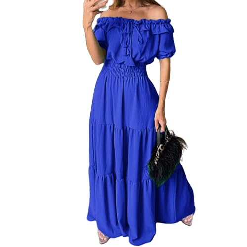 Summer Maxi Dresses for Women 2025 Off Shoulder Ruffle Dress Formal Office Dresses Smocked Waist Puff Sleeve Casual