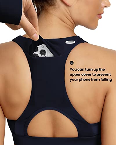 Image of QUEENIEKE BareFlow Women's Sports Bras with Phone Pocket Medium Impact Padded Racerback Workout Gym Crop Top Running Yoga Bra
