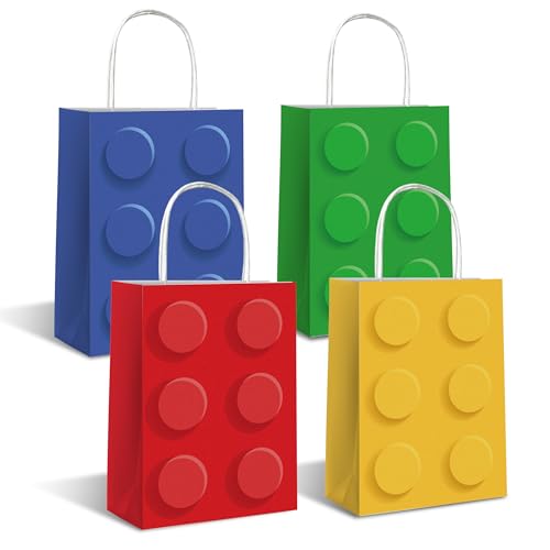 Lesnala 16 Pcs Building block party favor gift bags 4 Colors Bricks goodie bag with Handles for Themed Birthday Party Decoration Candy Cookie Snack Supplies